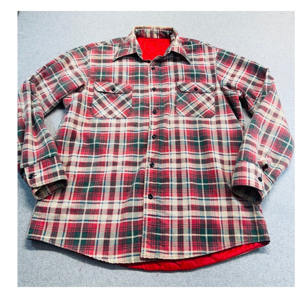 Unbranded Flannel Shirt Jacket Mens Large Red Green Plaid Quilted Lined Shacket